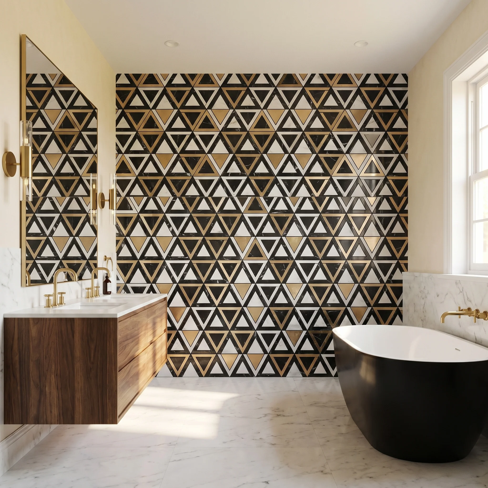 Selbstklebende Mosaikfliesen Metall | Dreieck Schwarz Weiß-Gold | 28,7×33,1 cm | Küche, Bad & WC - Image 3