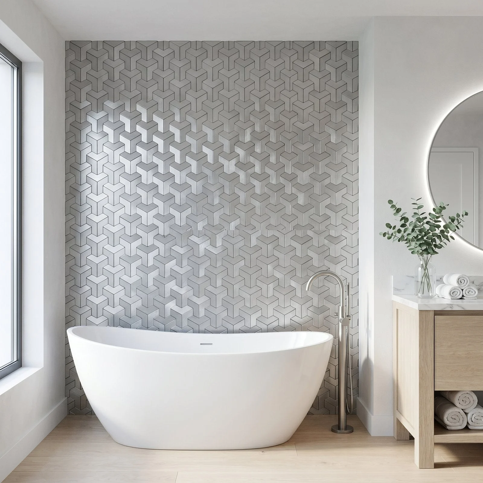 Selbstklebende Mosaikfliesen Metall | Trifold 3D Silber | 30,3×28 cm | Küche, Bad & WC - Image 3